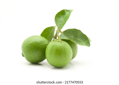 Close-up Of Fresh Green Organic Lemon (Citrus Limon) With Leaf Isolated Over White.