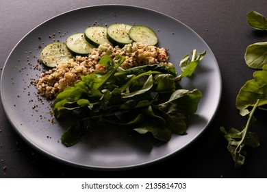 Close-up Of Fresh Healthy Food In Plate On Black Background, Copy Space. Unaltered, Food, Studio Shot, Healthy Eating, Organic.