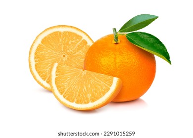 Closeup fresh orange fruit with green leaf isolated on white background.