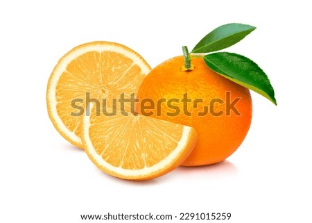 Closeup fresh orange fruit with green leaf isolated on white background.
