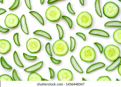 Closeup fresh organic aloe vera and cucumber sliced pattern texture for background. top view. Herbal medical plant concept.