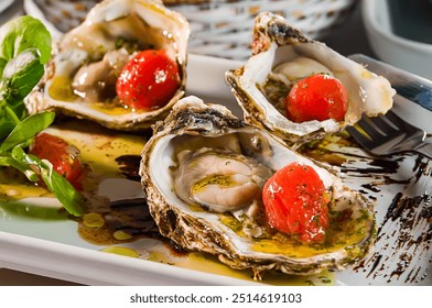 Close-up of fresh oysters decorated with cherry tomatoes, herbs, sauce drizzle, white plate, visually appealing gourmet dish - Powered by Shutterstock