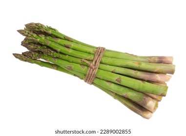 Close-up of a fresh raw asparagus bunch tied with a burlap twine isolated PNG file with transparent background.