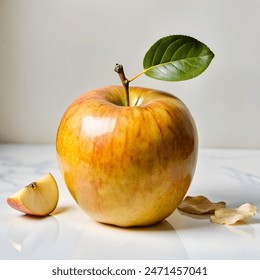 A close-up of a fresh, red apple with a green leaf placed, symbolizing freshness and healthy eating. - Powered by Shutterstock