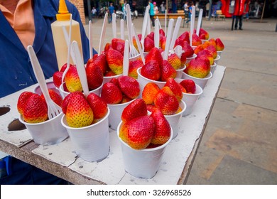 Closeup Of Fresh And Red Strawberries Street Food In Medellin, Colombia