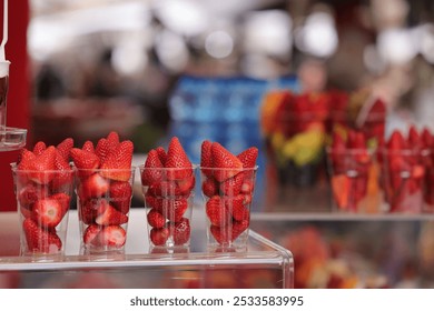 Close-up of fresh strawberries in plastic cups displayed at a market stall with a blurred background. - Powered by Shutterstock