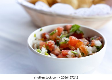 Closeup Of Fresh Tomato Salsa And Tortilla Chips