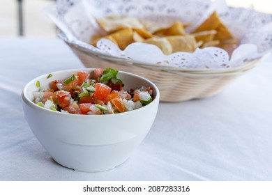 Closeup Of Fresh Tomato Salsa And Tortilla Chips