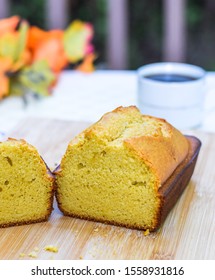 Closeup Of Freshly Baked Cornbread Loaf With Cut In The Middle