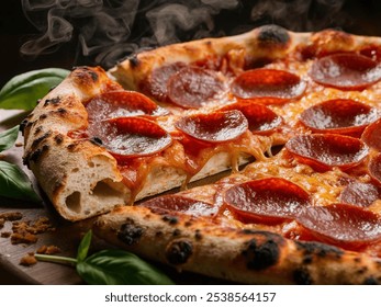 Close-Up of Freshly Baked Pepperoni Pizza with Rustic Wood-Fired Crust - Powered by Shutterstock