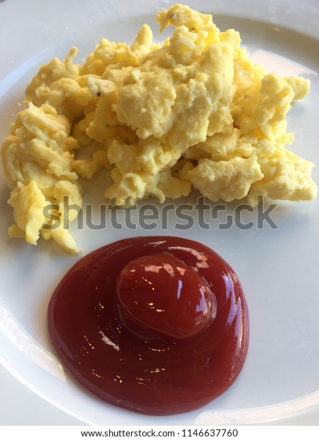 Closeup Freshly Cooked Scrambled Eggs Ketchup Stock Photo Edit Now