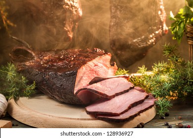 Closeup Of Freshly Smoked Ham In Country Smokehouse