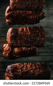 Closeup Of Freshly Smoked Ham In Smokehouse. Natural Product From An Organic Farm. Banner, Menu, Recipe Place For Text.