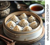 A close-up of freshly steamed Chinese dim sum, featuring xiaolongbao (soup dumplings) on a traditional bamboo steamer. The delicate dumplings are filled with savory broth and meat.