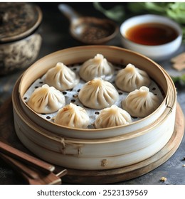 A close-up of freshly steamed Chinese dim sum, featuring xiaolongbao (soup dumplings) on a traditional bamboo steamer. The delicate dumplings are filled with savory broth and meat.