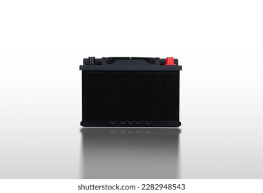 Closeup in front of car battery isolated on white background with reflection, clipping path included.