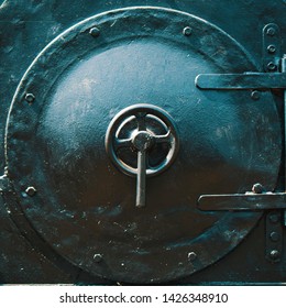 Close-up of the front flap of a historic steam locomotive
