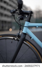 Close-up of the Front Part of a Blue Steel-frame Bicycle, Bike