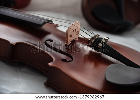 Closeup front side of violin,In selective focus at Fine Tuners,part of the instrument,classic style,vintage and art tone,blurry light around