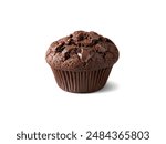 Closeup front view of chocolate muffin isolated on white background