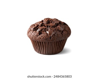 Closeup front view of chocolate muffin isolated on white background