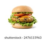 Closeup front view delicious veggie burger isolated on white background