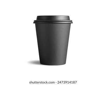Closeup front view disposable black paper coffee cup with head isolated on white background