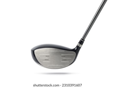 Close-up front view of driver head golf club No.1 with graphite shaft isolated on white background. Clipping path.