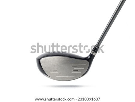 Close-up front view of driver head golf club No.1 with graphite shaft isolated on white background. Clipping path.