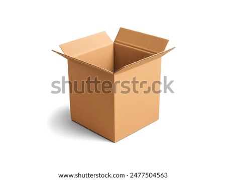 Closeup front view empty open cardboard box isolated on white background