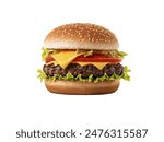 Closeup front view fresh tasty beef and cheese burger isolated on white background