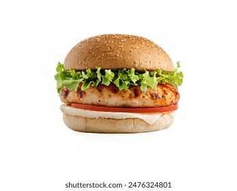 Closeup front view grilled chicken burger isolated on white background - Powered by Shutterstock