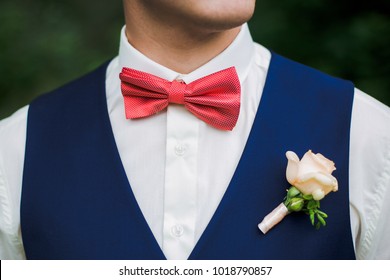 Closeup Front View Of Handsome Adult Man Festively Dressed. Portrait Of Groom Or Best Man Wearing White Shirt, Blue Vest, Red Bowtie And Pastel Rose Buttonhole. Horizontal Color Photography.