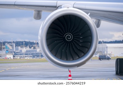 Close-up front view of jet engine at Swiss Airport Zürich Kloten on a winter day. Photo taken January 23rd, 2025, Zurich Kloten, Switzerland.