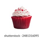 Closeup front view red cupcake with white cream and red jelly isolated on white background.