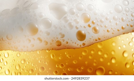 Close-up of a frothy beer with bubbles and condensation on the glass, showcasing a golden amber color. - Powered by Shutterstock