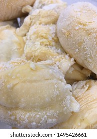 Closeup Of Frozen Durian Fruits With Yellow Flesh.