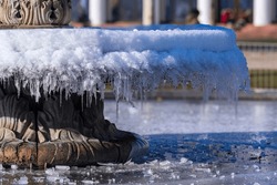 Close-up Of The Frozen Fountain In Front Of The Casino In Wiesbaden - Germany