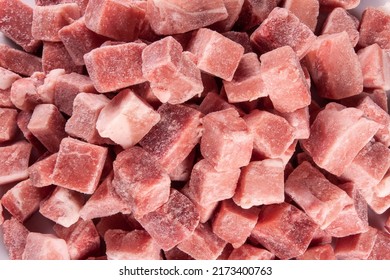 Close-up Of Frozen Pork Meat Cubes.