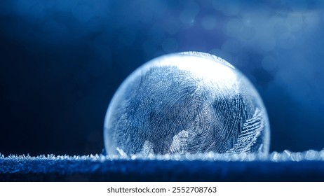 Close-up of frozen soap bubble with intricate frost patterns on a frosty surface against a dark blue background, capturing a beautiful winter texture in a cold outdoor setting - Powered by Shutterstock