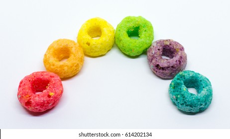 Closeup of Fruit Cereal in Rainbow Shape