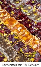 Close-up of fruit flavored Turkish delights. Delight of traditional Turkish cuisine, Turkish delight.