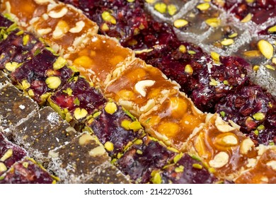 Close-up of fruit flavored Turkish delights. Delight of traditional Turkish cuisine, Turkish delight.