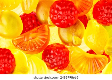 closeup fruit gums jelly candies with red strawberries, green apples, yellow bananas and orange - Powered by Shutterstock