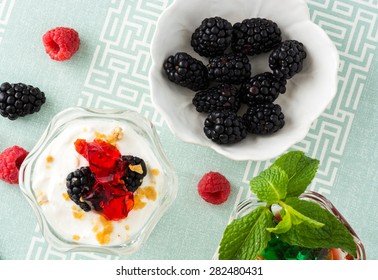 Closeup Of Fruit Parfait With Greek Yogurt And Mint And Strawberry Jello.