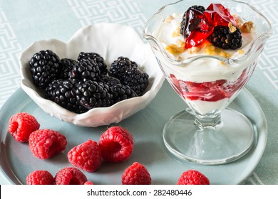 Closeup Of Fruit Parfait With Greek Yogurt And  Strawberry Jello.