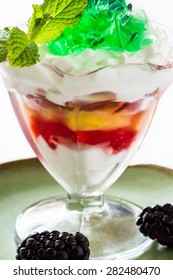 Closeup Of Fruit Parfait With Greek Yogurt And Mint Jello.