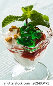 Closeup Of Fruit Parfait With Greek Yogurt And Mint Jello.