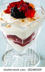 Closeup Of Fruit Parfait With Greek Yogurt And  Strawberry Jello.