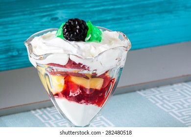 Closeup Of Fruit Parfait With Greek Yogurt And Mint Jello.